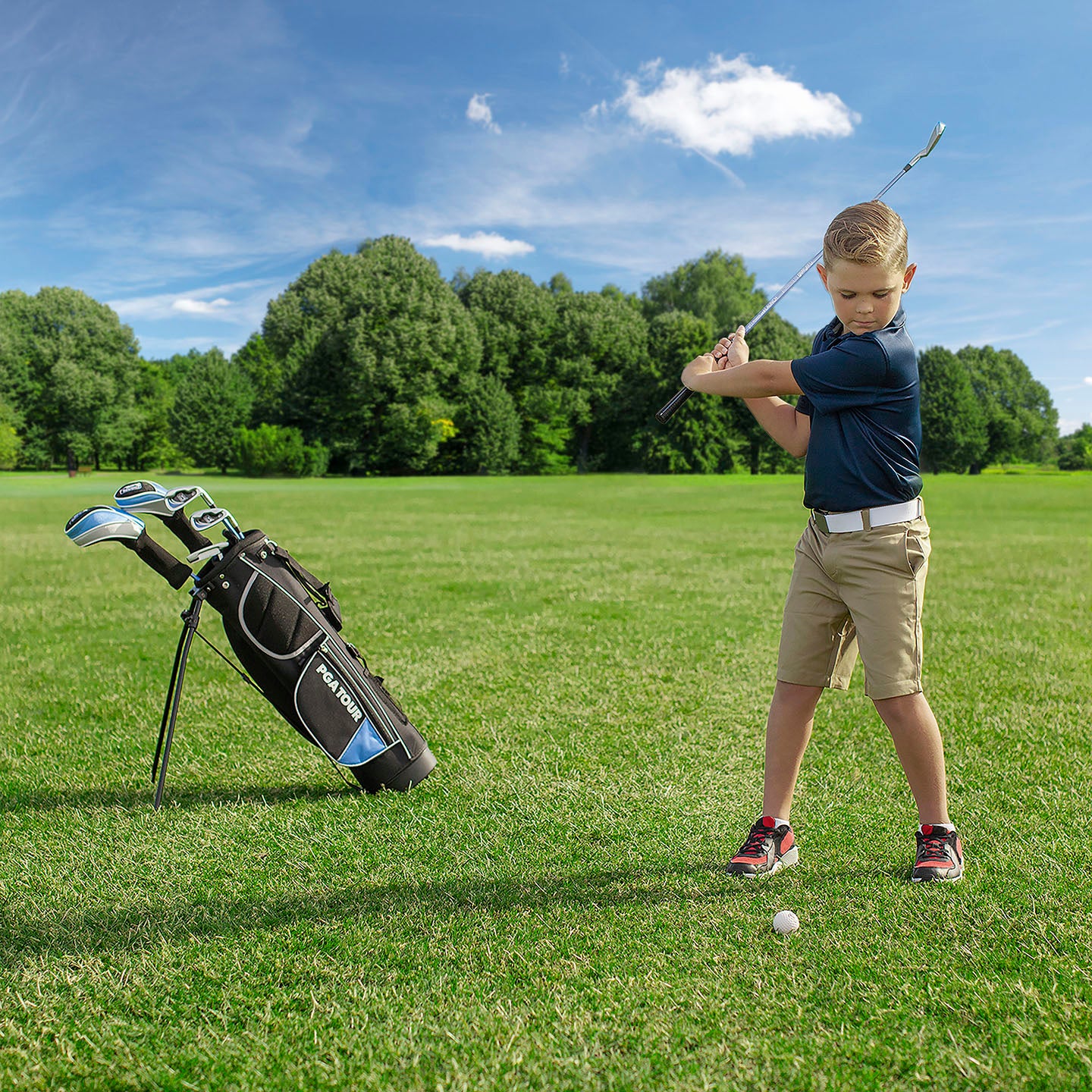 PGA TOUR® Juniors Right Handed Blue Golf Club Set by Golfgen® for Player Heights 4'8" - 5'3" | Complete Junior Golf Club Set