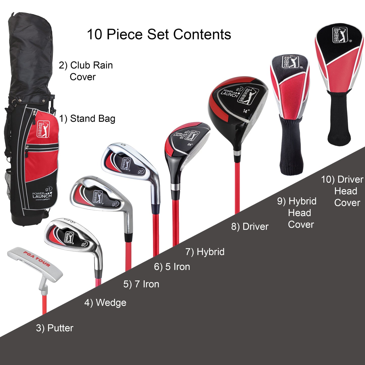 PGA TOUR® Juniors 10 Piece Right Handed Red Golf Club Set for Player Heights 4'1"-4'8" | Complete Junior Golf Club Set