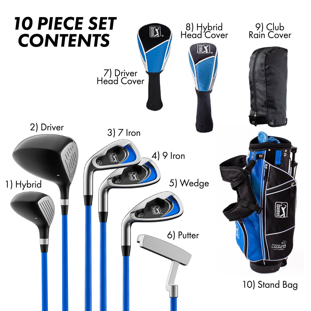 Golfgen™ PGA TOUR Youth Golf Club Set – 10-Piece Left-Handed Junior Golf Club Set for Ages 8-12 – Beginner Golf Clubs for Kids with Lightweight Stand Bag, Hybrid, Wedge & Mallet Putter
