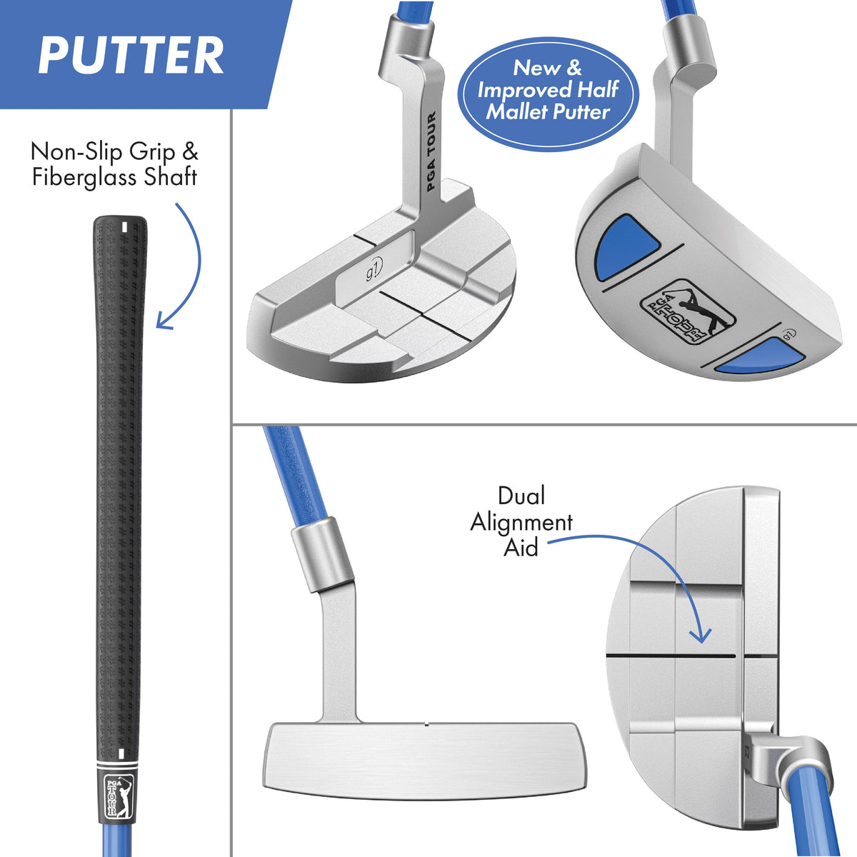 Golfgen™ PGA TOUR Youth Golf Club Set – 10-Piece Left-Handed Junior Golf Club Set for Ages 8-12 – Beginner Golf Clubs for Kids with Lightweight Stand Bag, Hybrid, Wedge & Mallet Putter