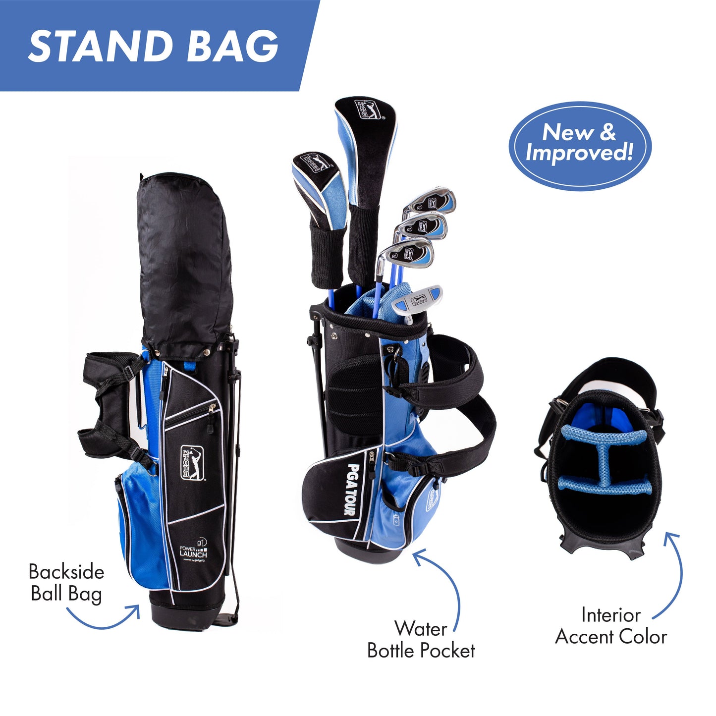 PGA TOUR® Juniors Left Handed Blue Golf Club Set by Golfgen® for Player Heights 4'8" - 5'3" | Complete Junior Golf Club Set