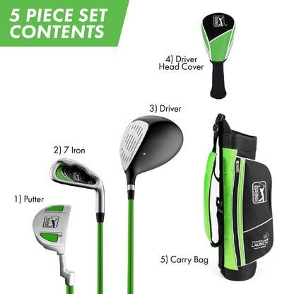 PGA TOUR® Juniors Right Handed 5 Piece Green Golf Club Set by Golfgen® for Player Heights 3'4" - 4'1" | Complete Junior Golf Club Set