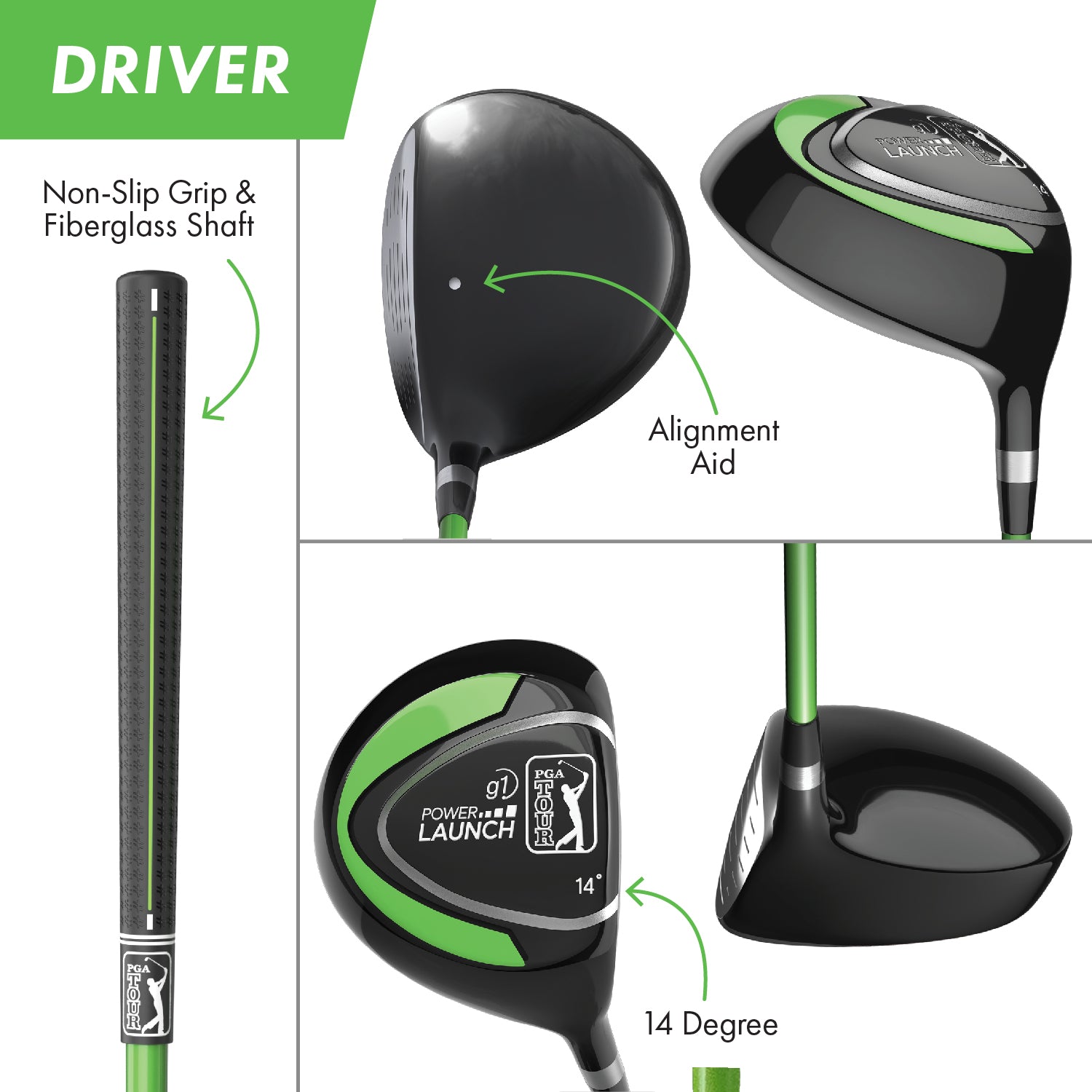 PGA TOUR® by Golfgen® Juniors Right Handed Green Golf Club Set with 3