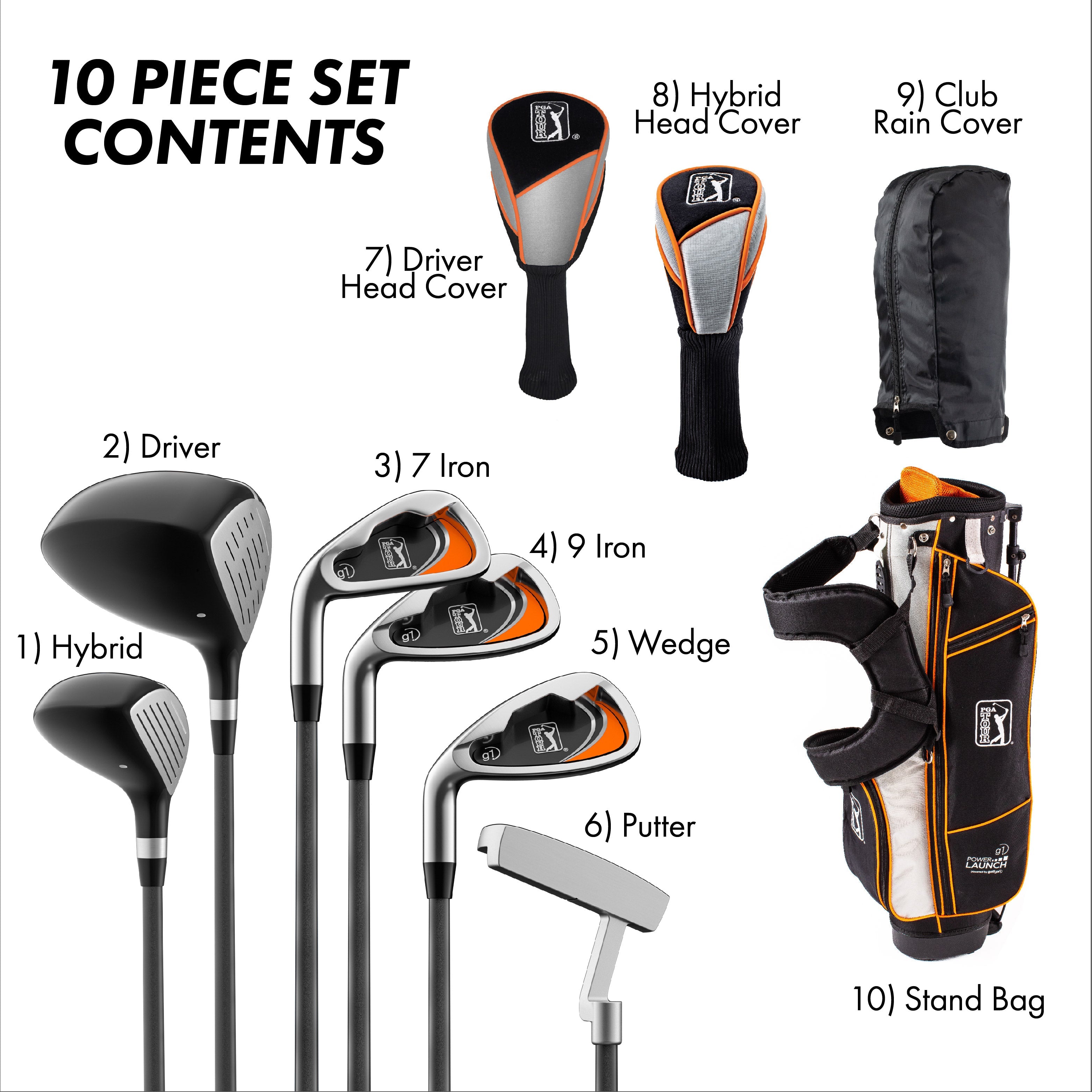 PGA TOUR G1 Series Junior Golf Club Set, 10 Piece, Heigh Range: 5