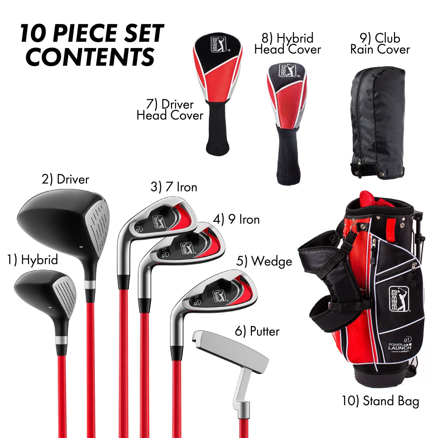 PGA TOUR® Juniors Left Handed 10 Piece Red Golf Club Set by Golfgen® for Player Heights 4'1" - 4'8" | Complete Junior Golf Club Set