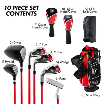 PGA TOUR® Juniors Left Handed 10 Piece Red Golf Club Set by Golfgen® for Player Heights 4'1" - 4'8" | Complete Junior Golf Club Set