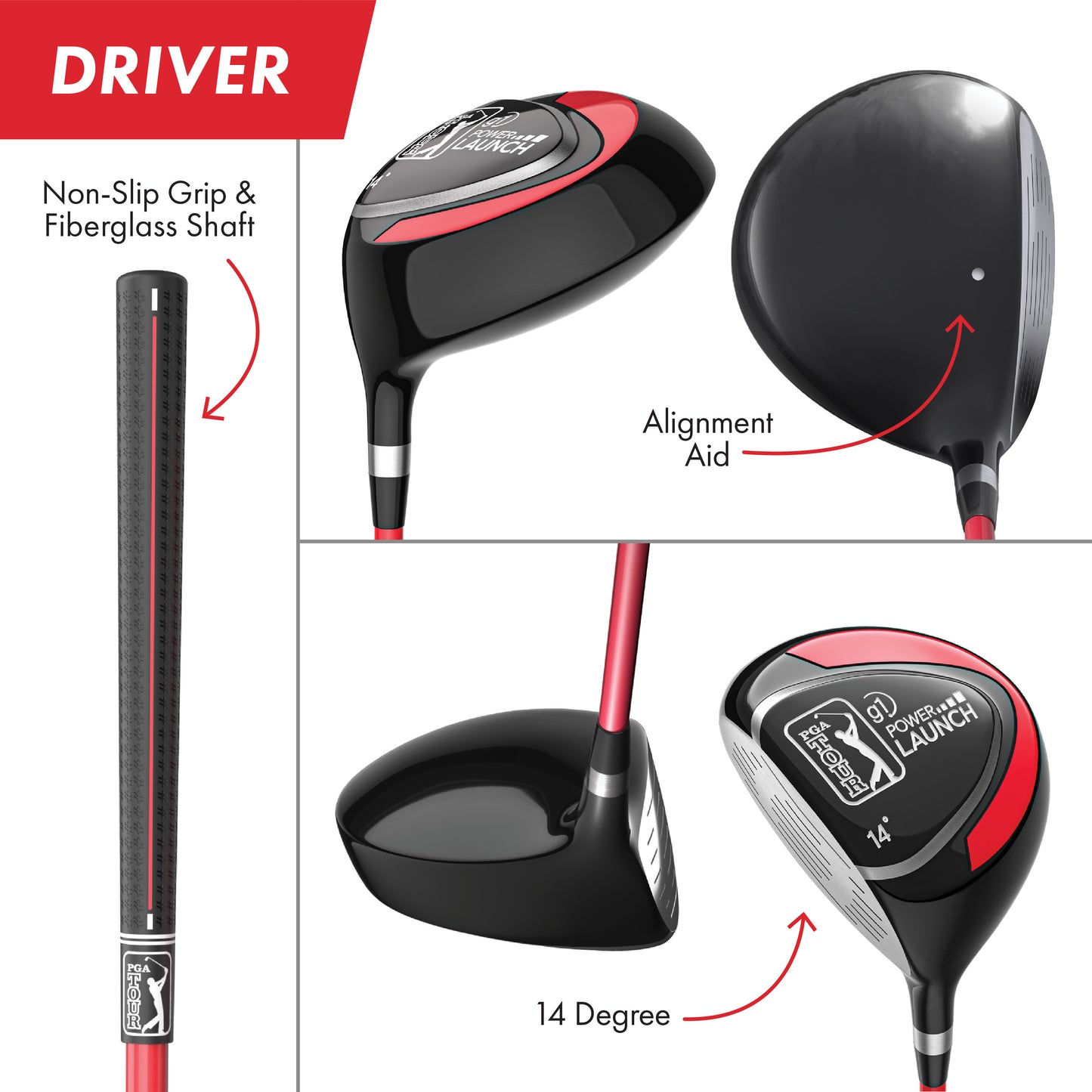 PGA TOUR® Juniors Left Handed 10 Piece Red Golf Club Set by Golfgen® for Player Heights 4'1" - 4'8" | Complete Junior Golf Club Set