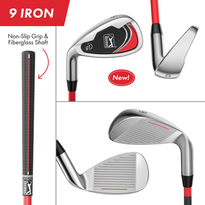 PGA TOUR® Juniors Left Handed 10 Piece Red Golf Club Set by Golfgen® for Player Heights 4'1" - 4'8" | Complete Junior Golf Club Set