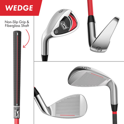 PGA TOUR® Juniors Left Handed 10 Piece Red Golf Club Set by Golfgen® for Player Heights 4'1" - 4'8" | Complete Junior Golf Club Set