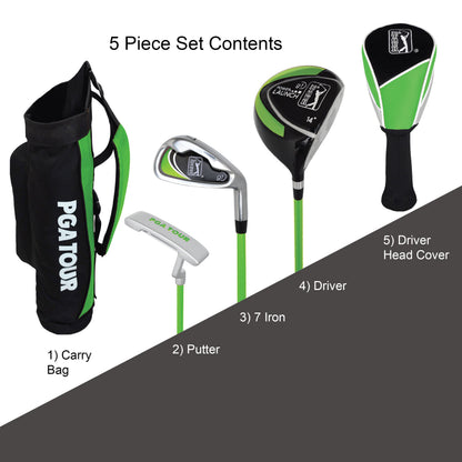 PGA TOUR® Juniors Right Handed 5 Piece Classic Green Golf Club Set by Golfgen® for Player Heights 3'4" - 4'1" | Complete Junior Golf Club Set