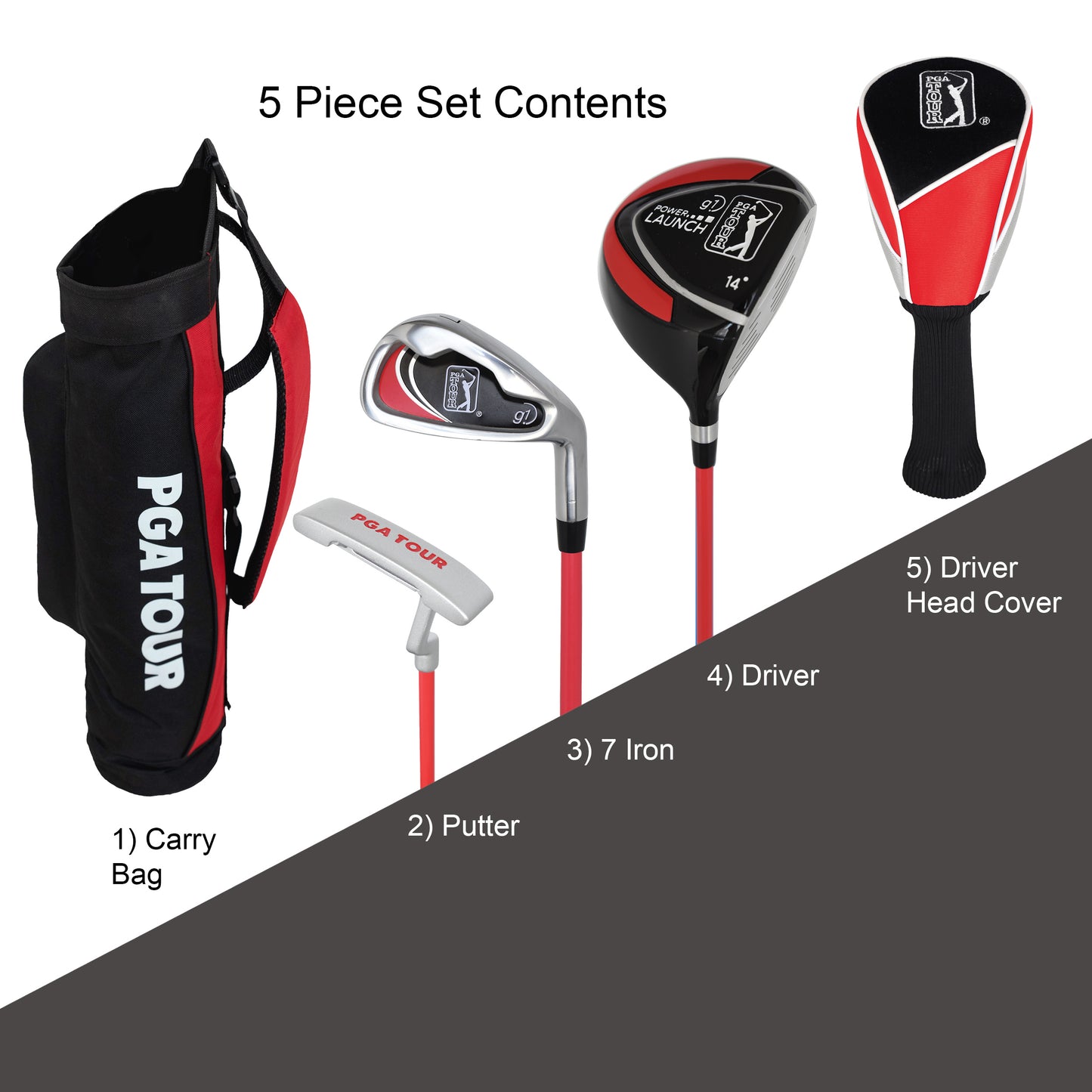 PGA TOUR® Juniors Right Handed 5 Piece Classic Red Golf Club Set by Golfgen® for Player Heights 4'1" - 4'8" | Complete Junior Golf Club Set