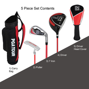 PGA TOUR® by Golfgen® Juniors Right Handed Red Golf Club Set with 3 Clubs, Golf Bag & 5 Total Pieces | Golf Clubs and Sets for Player Heights 4'1"-4'8" | Complete Junior Golf Club Set