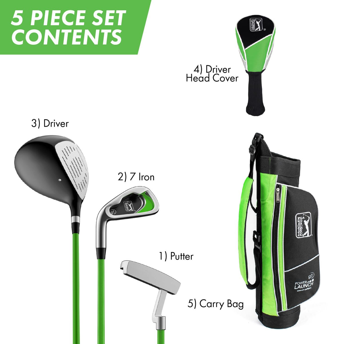 PGA TOUR G1 Series Kids Left Handed Green Golf Club Set with 3 Clubs, Golf Bag & 5 Total Pieces | Golf Clubs and Sets for Heights 3'6" - 4'1" | Complete Youth Golf Clubs Ages 3-5 by Golfgen