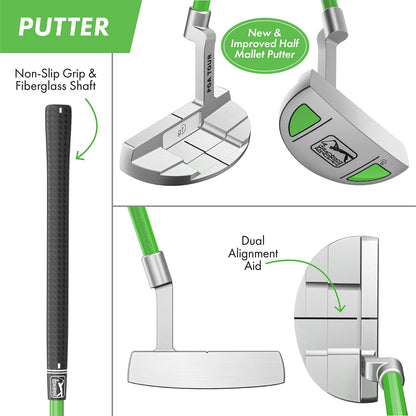 PGA TOUR® Juniors Left Handed 5 Piece Green Golf Club Set by Golfgen® for Player Heights 3'4" - 4'1" | Complete Junior Golf Club Set