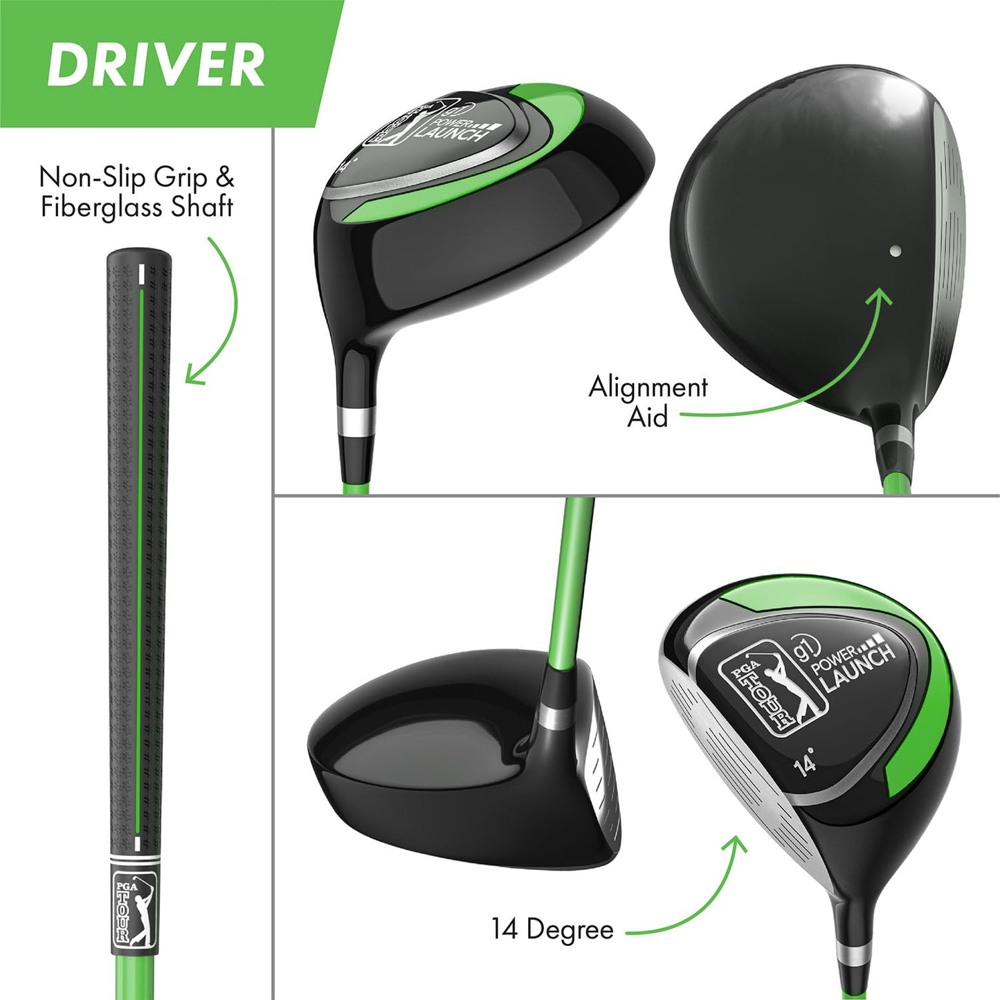 PGA TOUR® Juniors Left Handed 5 Piece Green Golf Club Set by Golfgen® for Player Heights 3'4" - 4'1" | Complete Junior Golf Club Set