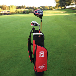 PGA TOUR® by Golfgen® Juniors Right Handed Red Golf Club Set with 3 Clubs, Golf Bag & 5 Total Pieces | Golf Clubs and Sets for Player Heights 4'1"-4'8" | Complete Junior Golf Club Set