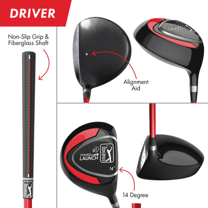 PGA TOUR® Juniors Right Handed 5 Piece Red Golf Club Set by Golfgen® for Player Heights 4'1" - 4'8" | Complete Junior Golf Club Set