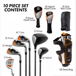 NEW PGA Tour 10-Piece Complete Kids Golf Club Set with Updated Bag & Half Mallet Putter, Ages 12+ – Includes Driver, Hybrid, 7 Iron, 9 Iron, Wedge, Putter, Stand Bag, Rain Cover, and Head Covers – For Player Height 5’2” and Up