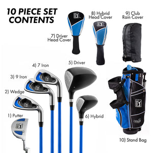 NEW PGA Tour 10-Piece Complete Kids Golf Club Set with Updated Bag & Half Mallet Putter, Ages 8-11 – Includes Driver, Hybrid, 7 Iron, 9 Iron, Wedge, Putter, Stand Bag, Rain Cover, and Head Covers – For Player Height 4’8” to 5’2”